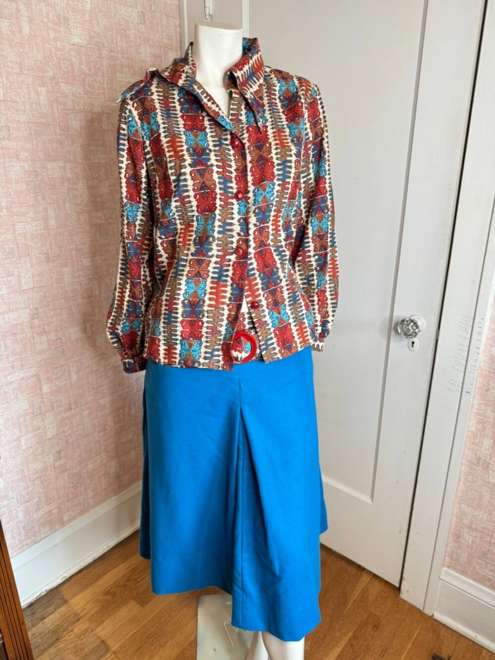 OOAK Boho Cowgirl Vintage 1970's Geometric Shirt w/ Blue Wool Skirt sz L